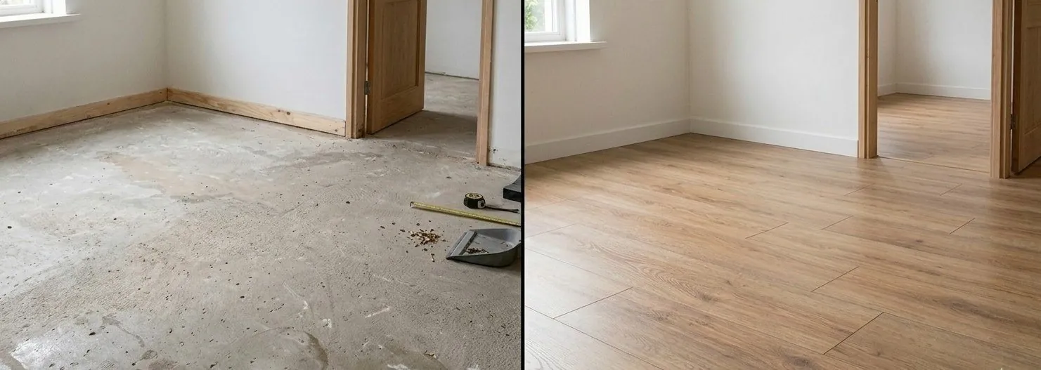 Laminaat voor en na — onafgewerkte betonvloer omgetoverd tot strakke laminaatvloer door LaminaatPakket